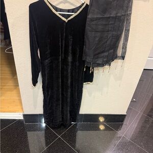 Elegant Black Velvet Dress with Gold Accents